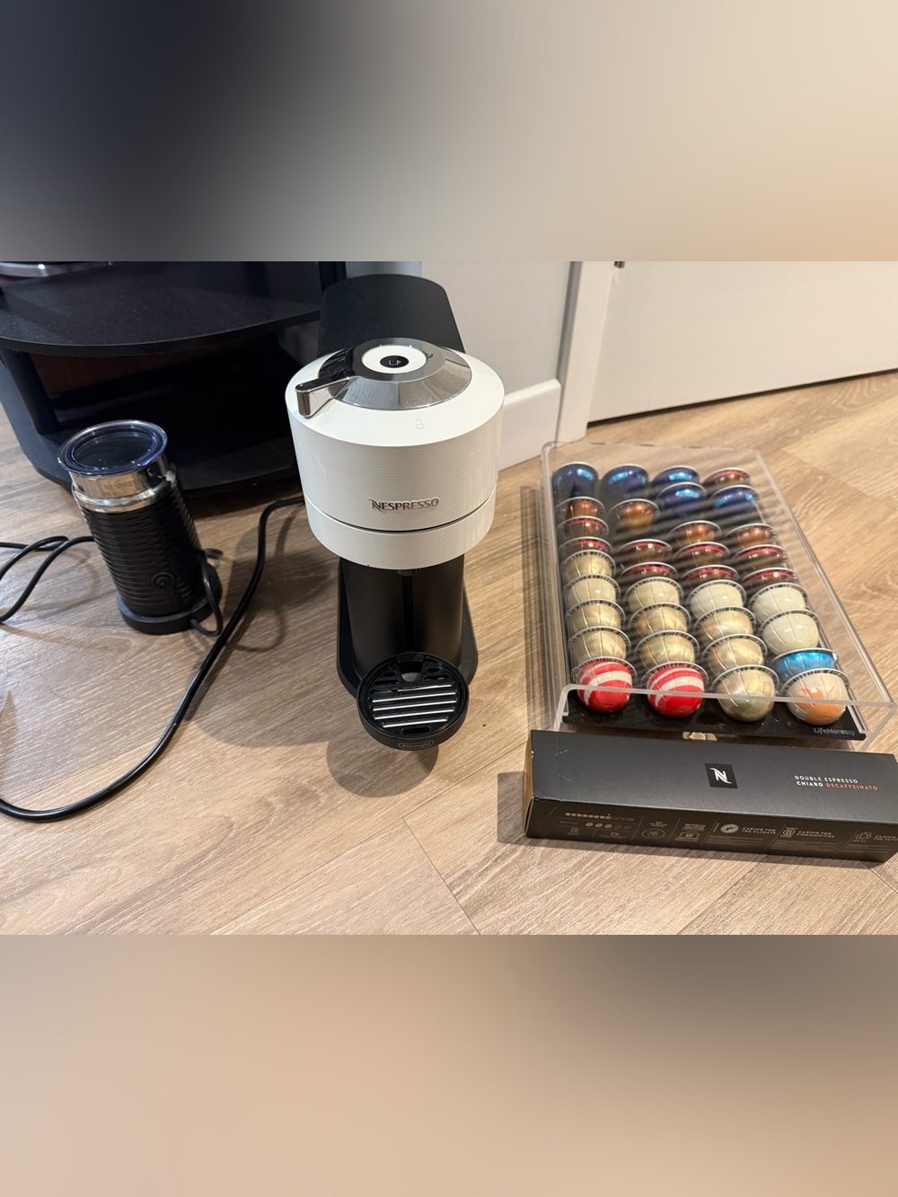 Nespresso Vertuo Next & Aero Milk Frother with 45 Nespresso pods/pod holder